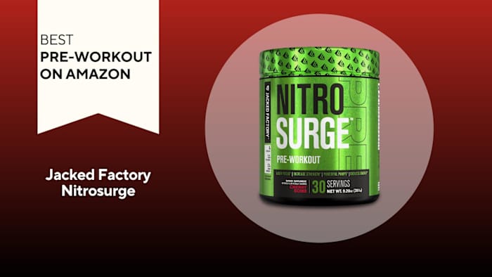 A red background with a white banner reading "Best Pre-Workout on Amazon" next to a green and black container of Jacked Factory Nitrosurge Pre-Workout in Cherry Bomb flavor
